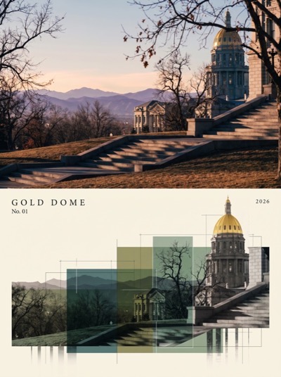 Art poster of the Colorado State Capitol: photograph above, architectural silkscreen collage below, titled Gold Dome, No. 01, 2026